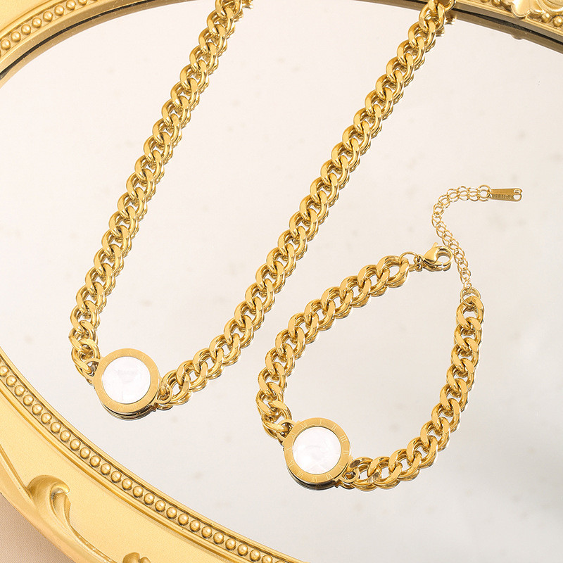 Fashion Stainless Steel Vintage Style Jewelry Bracelet Necklace Heavy Craft Thick Chain Roman Round Plate Accessories Jewelry Set