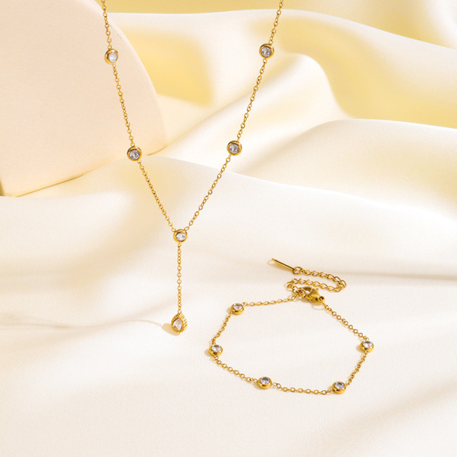 INS Internet Celebrity Style Light Luxury Stone-Inlaid 18K Gold Stainless Steel Necklace Non-Fading Titanium Steel...
