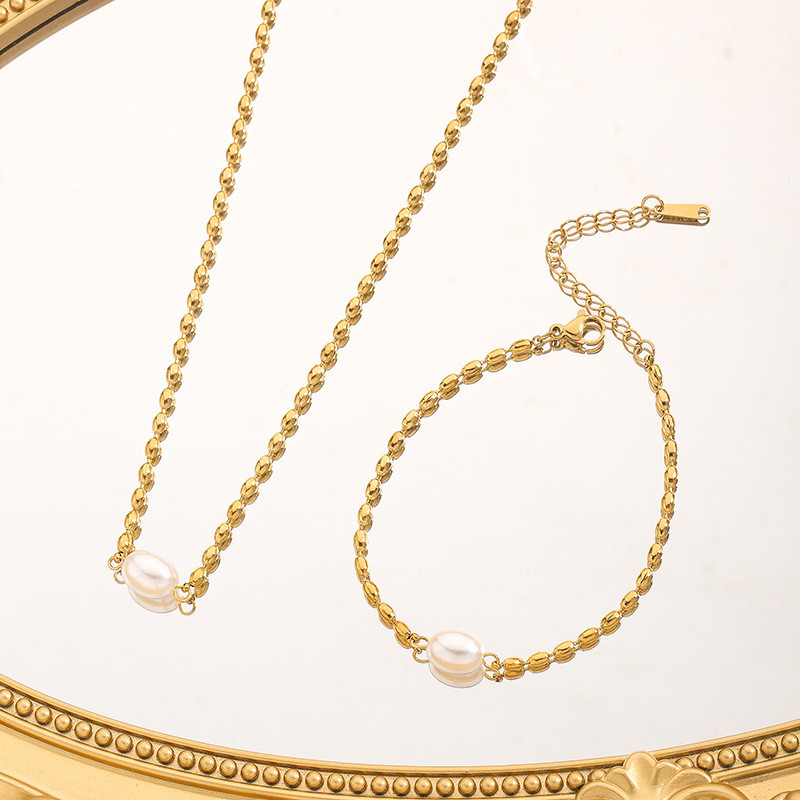 Ins Internet Celebrity Niche Design Fashion Non-Fading Natural Freshwater Pearl Oval Gold Bead Titanium Steel Necklace Bracelet