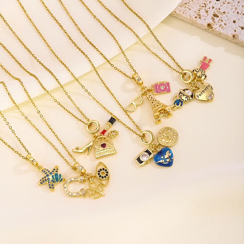 Cross-Border Hot Selling Ins Style Camera Lipstick Bear Airplane High Heels Women Multi Pendant fashion Light Luxury Necklace Trend