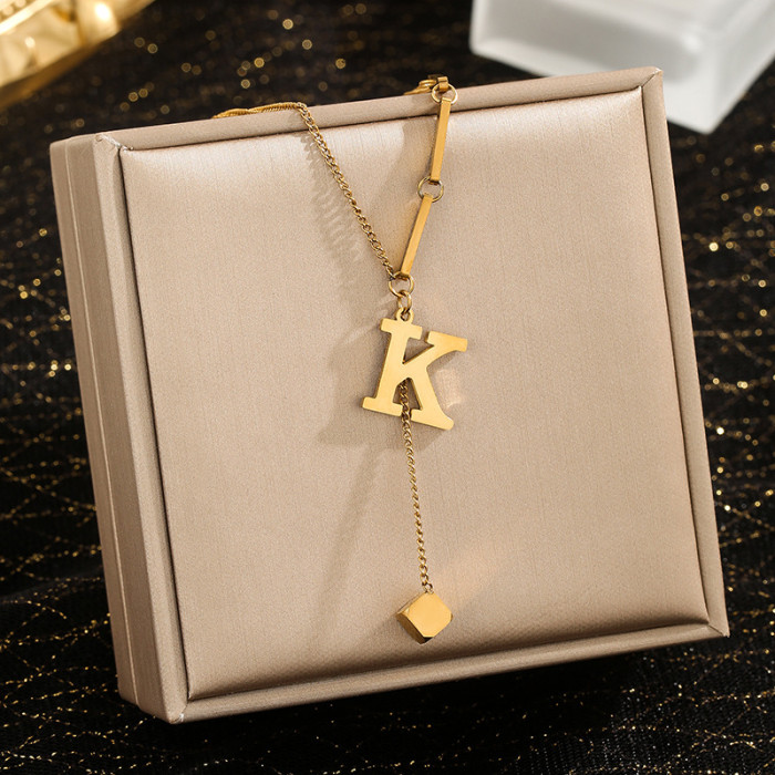Jewelry Niche High-End Stainless Steel 26 Letter Necklace for Women Small Square Tassel Pendant Collarbone Chain