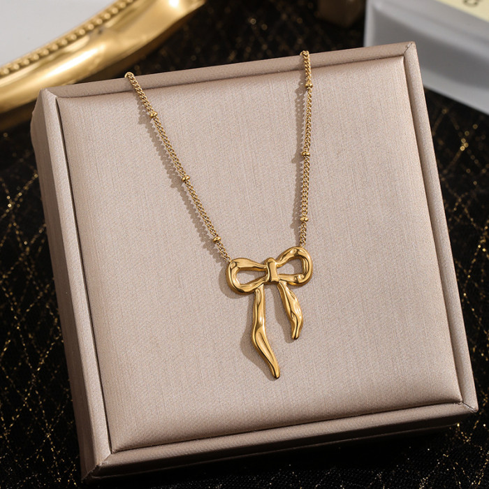 INS Hot-Selling New Light Luxury Creative Bow Titanium Steel Necklace for Women Versatile High-End Niche Jewelry Trend