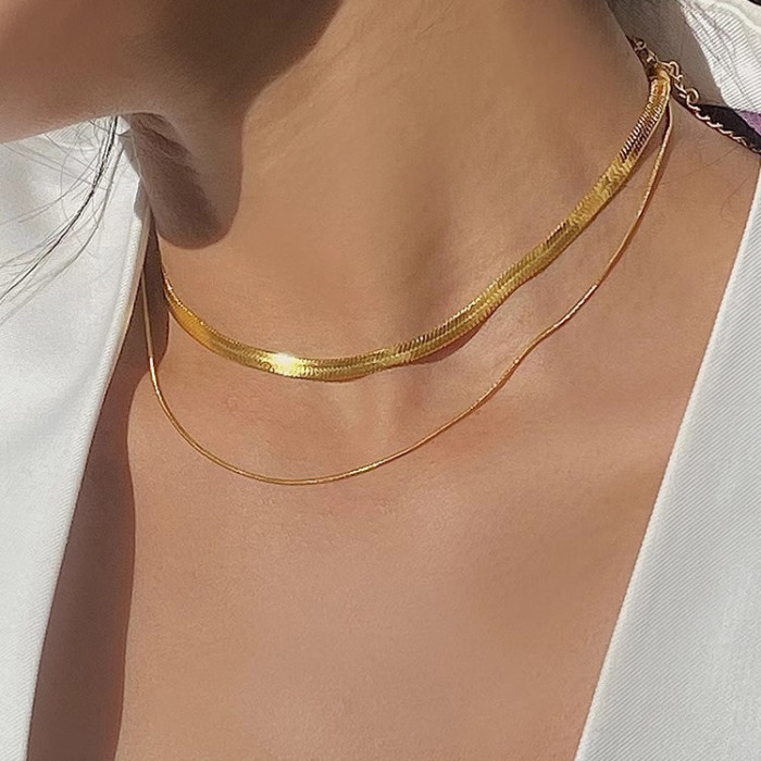 Double Layer Stacked Titanium Steel Snake Bone Chain Niche Design Sense Silver Necklace for Women Minimalist Style Cl...