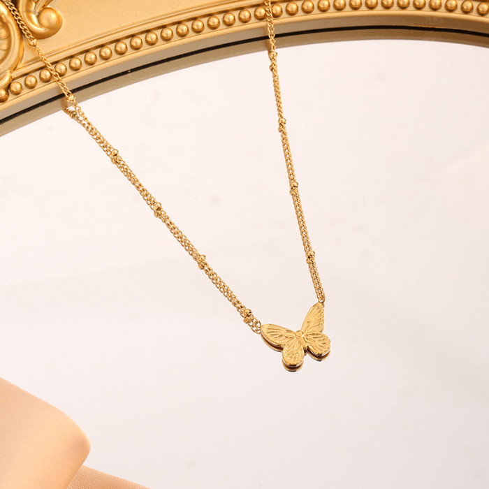 French Romantic Embossed Butterfly Golden Balls Titanium Steel Necklace for Girls Affordable Luxury Fashion Ball Bead...