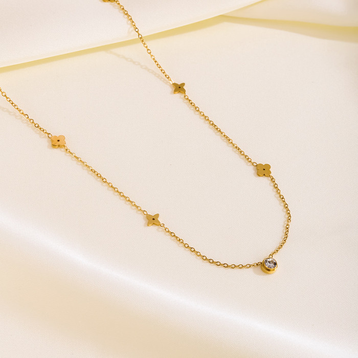 Cross-Border New Luxury Flower Single Diamond Multi-Flower Titanium Steel Non-Fading Necklace for Women Versatile Four-Leaf Clover Collarbone Chain Ins