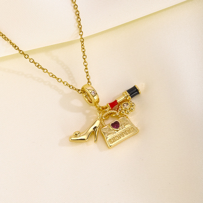 Hot Selling Ins Style Camera Lipstick Bear Airplane High Heels Women Multi Pendant Fashion Light Luxury Necklace Trend