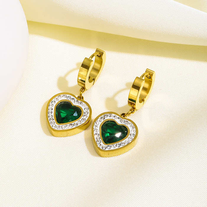 Fashion Vintage Style Stone-Studded Emerald Heart Accessories Chain Stainless Steel Bracelet Earrings Necklace Set,...