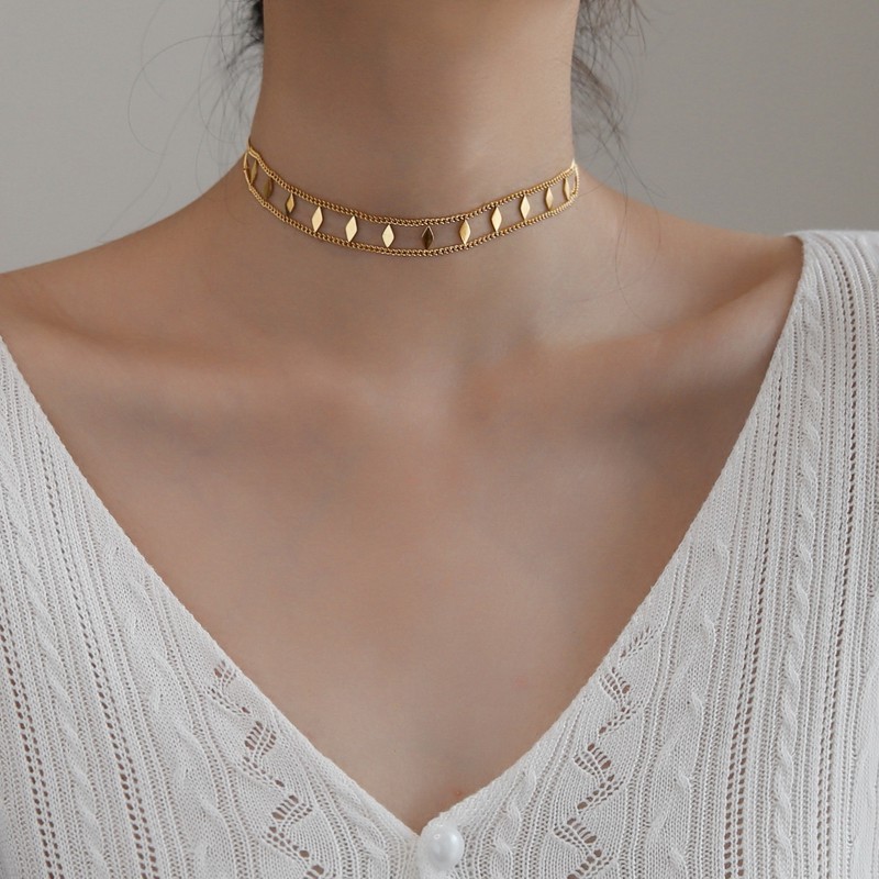 Double Layer Rhombus Short Choker Titanium Steel Necklace for Women Ins Cold Style 18K Gold Clavicle Chain New Accessories Pendant