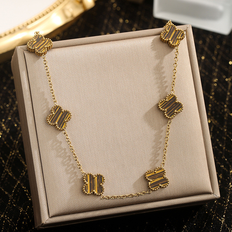 Cross-Border Hot-Selling Ten-Flower Sweater Chain Double-Sided Four-Leaf Clover Titanium Steel Necklace Light Luxury Simple Flower Pendant Collarbone Chain