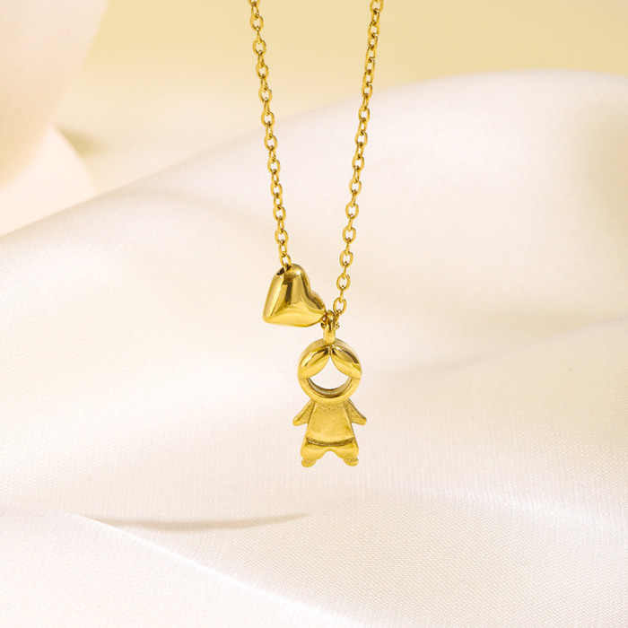 Cross-Border Hot Sale Family Boy Girl Couple Pendant Stainless Steel Necklace Gold-Plated Heart Light Luxury Versatile Collarbone Chain