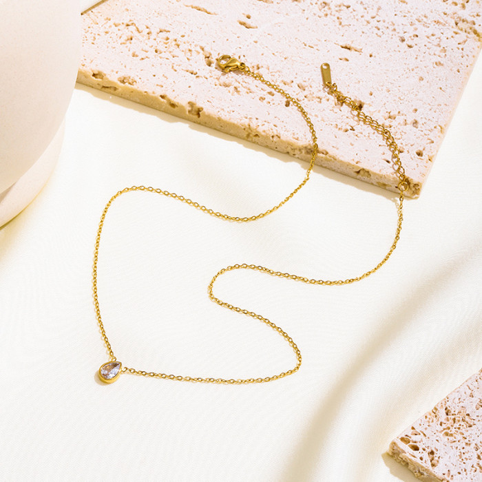 New Simple High-End Inlaid Water Drop Zircon Zircon Pear-Shaped Single Stone Necklace Simple Collarbone Chain