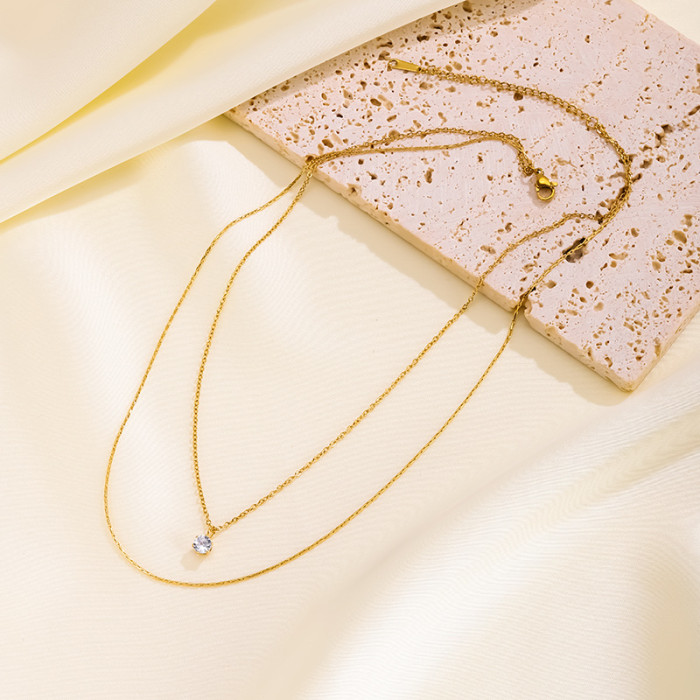 French Style Light Luxury New Sparkling Diamond Double Layer Titanium Steel Necklace for Women Simple Choker Petite Design 18K Gold Plated Collarbone Chain
