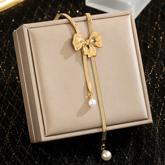European and American Cross-Border Flower Tassel Necklace Irregular Round Collarbone Chain Pearl Pendant Design Sense Bowknot Necklace