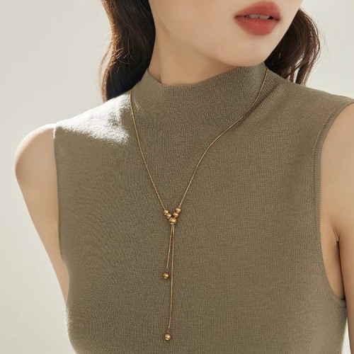 Japanese and Korean Style Cool Gold and Silver round Beads Drawable Adjustable Necklace Design Necklace Retro High-Grade Long Sweater Chain
