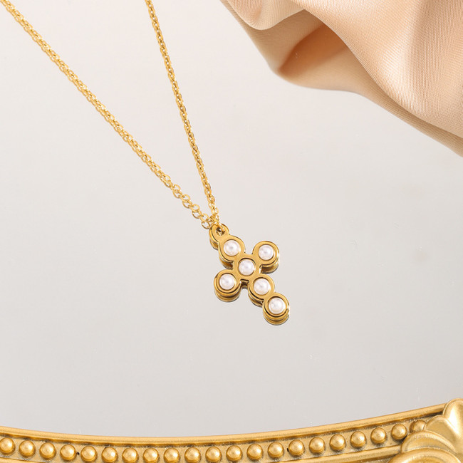 French Style Imitation Pearl Cross Light Luxury Pendant Necklace Niche Design Fashion Versatile Collarbone Chain Jewelry Wholesale