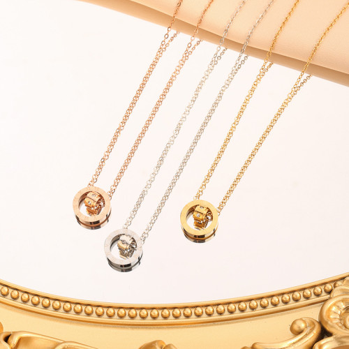 Japanese and Korean Hot-Selling New Simple Versatile Internet Celebrity Double Ring Roman Diamond Fortune Bead Rose Gold Short Collarbone Necklace for Women