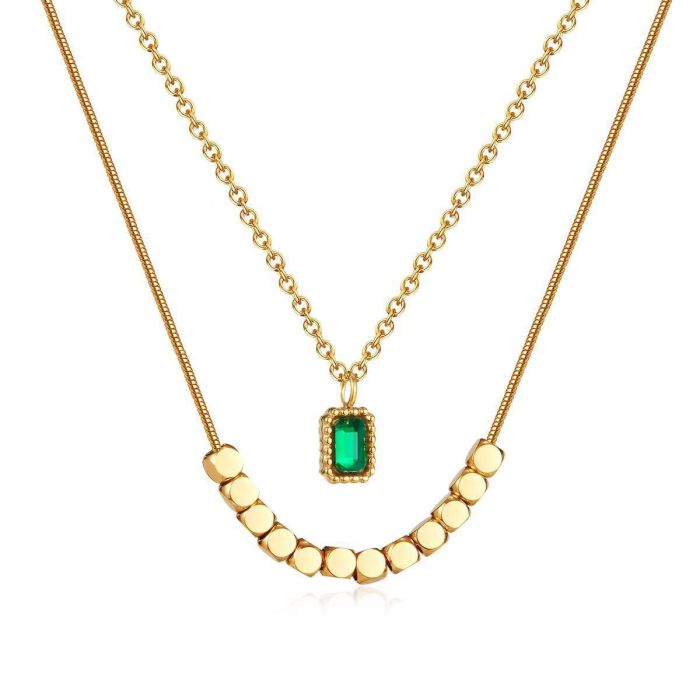 High-End Niche Light Luxury Stainless Steel Double-Layer Gold Fragment Green Zircon Pendant Necklace for Women Collar...