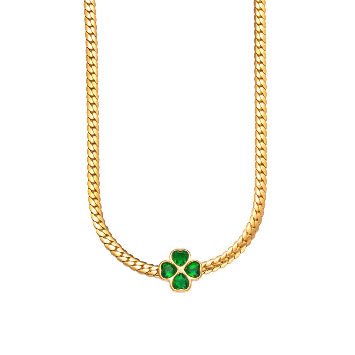 European and American Cross-Border Emerald Zircon Four-Leaf Clover Bracelet Women's Collarbone Necklace Versatile Titanium Steel Bracelet Non-Fading Set