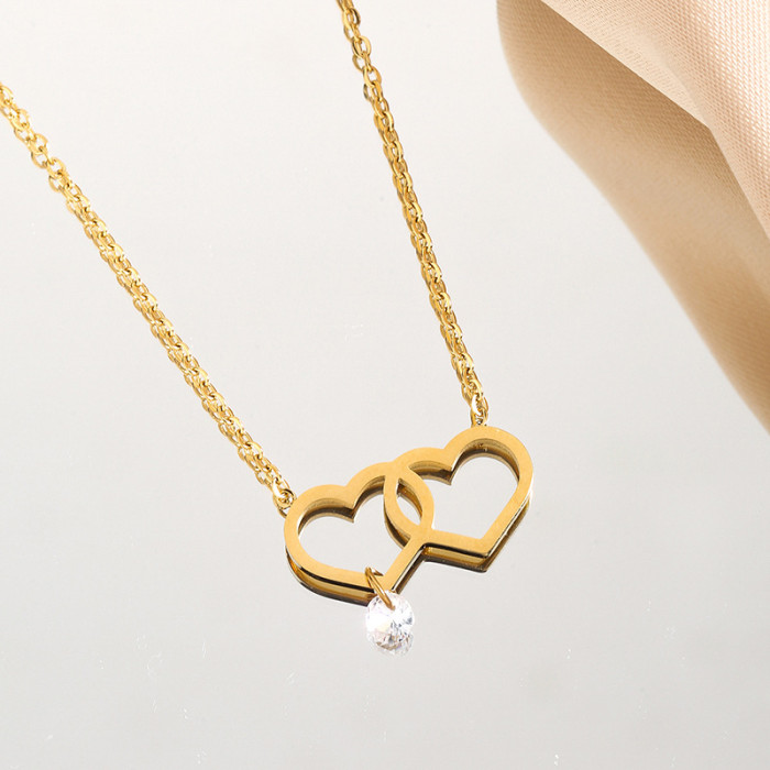 Cross-Border New Heart Double Ring Diamond Minimalist Style Real Gold Titanium Steel Necklace for Women Ins Style Collarbone Chain Accessories