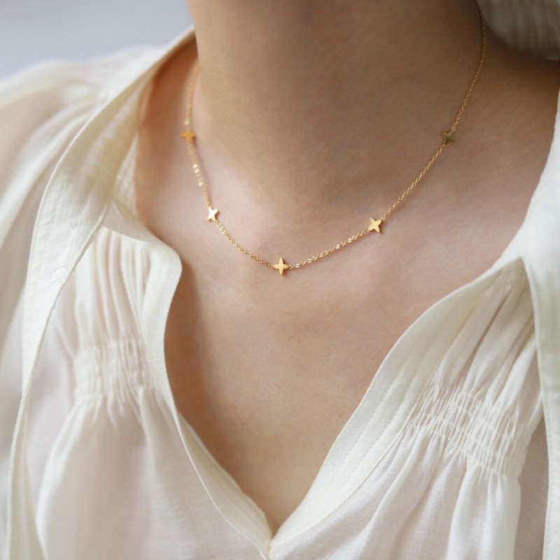 Lucky Four-Leaf Clover Flower Layered Simple Small Collarbone Chain Titanium Steel Color-Retaining Versatile Light Luxury Necklace Choker
