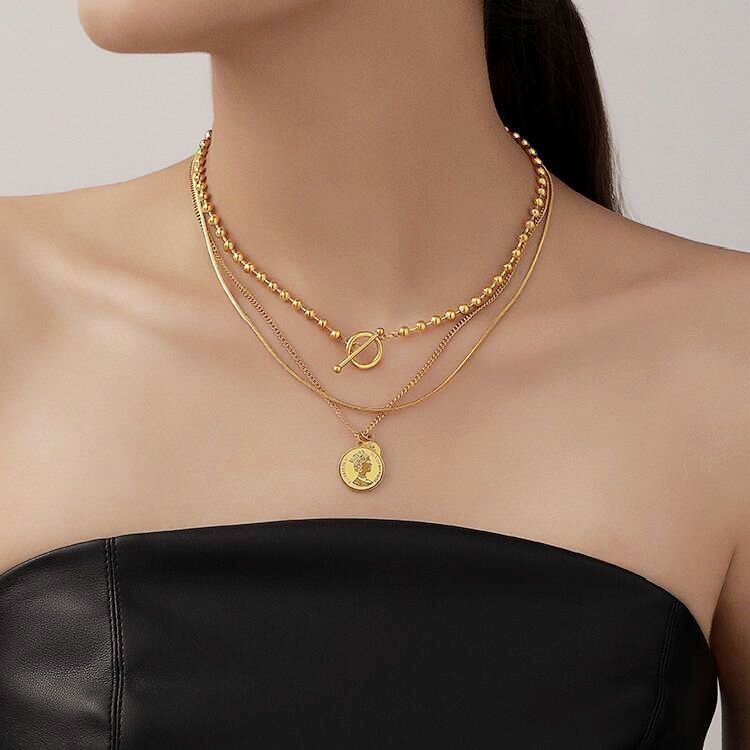 European and American Cross-Border Retro Multi-Layer Stacked Round Pendant Women's Avatar Pendant OT Buckle Titanium Steel Metal Light Luxury Niche Necklace
