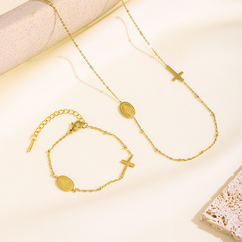 European and American Fashion Coin INS Style Cross Oval Pendant Collarbone Chain Necklace Titanium Steel 18K Gold Plated Jewelry Set