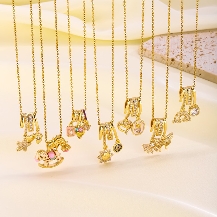 Cross-Border Hot Selling Copper Plated Real Gold Pendant Light Luxury Micro Inlaid Zircon Rainbow Butterfly Necklace Elegant High-End Simple Accessories