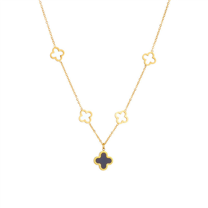 New Hollow Clover Titanium Steel Necklace for Women Fashion High-end Light Luxury Hot-selling Flower White Mother-of-...