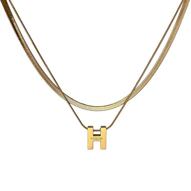 Titanium Steel Letter H Necklace Double Layer Stacked Simple Fashionable Elegant Collarbone Chain Light Luxury Niche Commuting Sweater