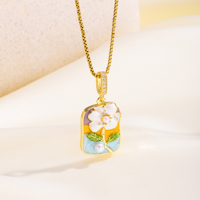 New Oil Painting Style Color-Block Three-Dimensional Inlaid Necklace Fashion Design High-End Light Luxury Versatile Glaze Flower Collarbone Chain