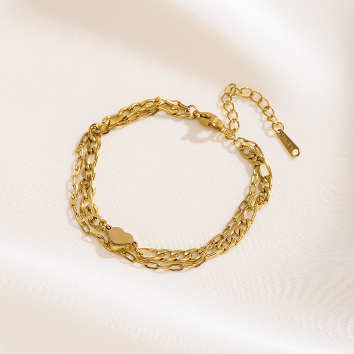 Fashion Versatile Double Layer Stacked Heart Chain Stainless Steel Metal Gold Plated Necklace Bracelet Set for Women,...