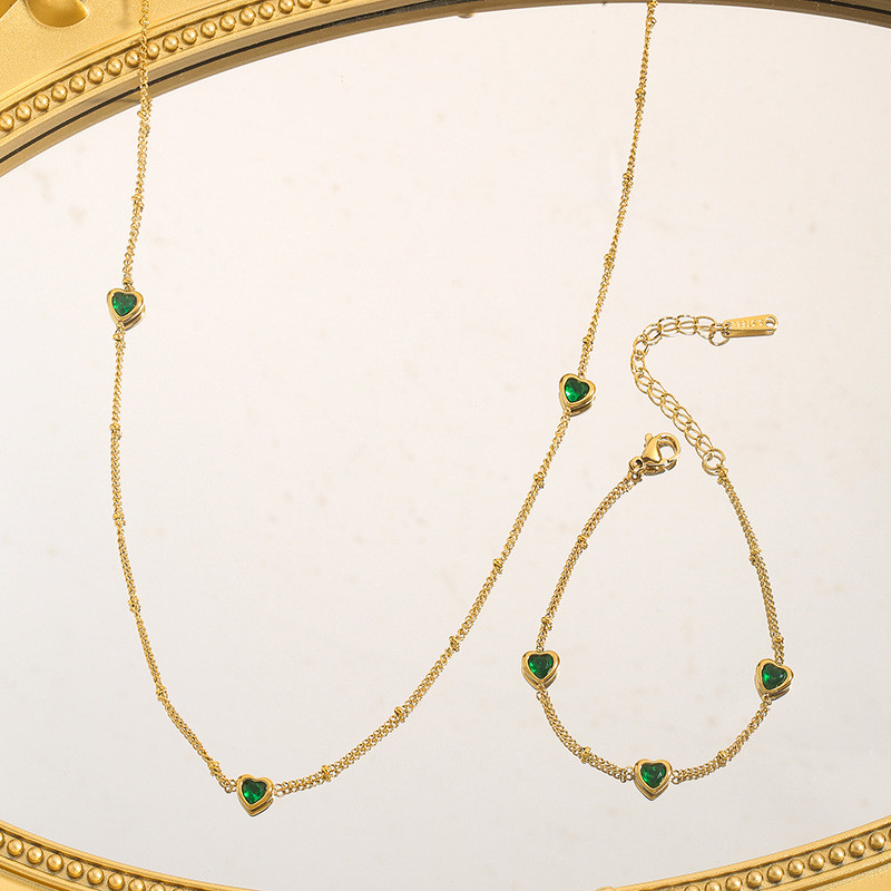 European and American Fashion Simple Niche Versatile Emerald Stainless Steel Circle Heart Necklace Bracelet Accessory Set for Women