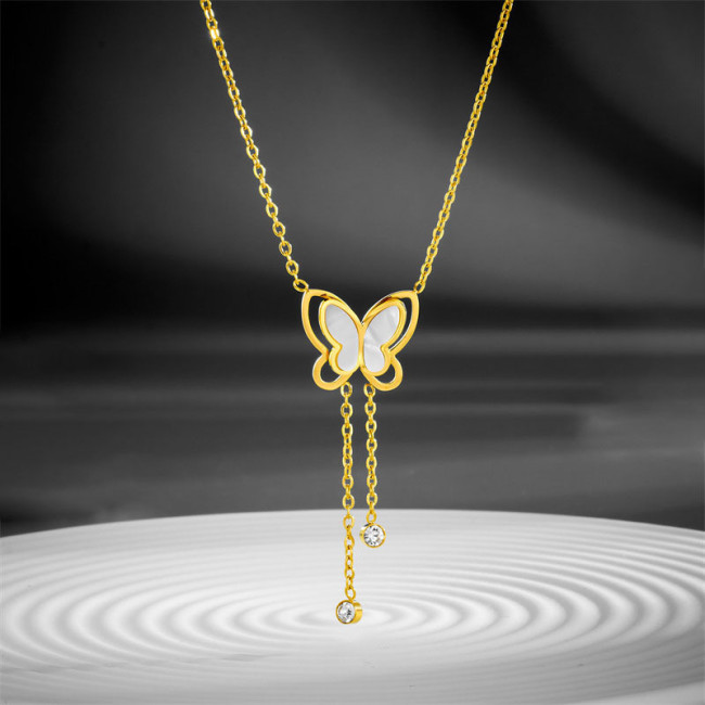 Cross-Border Wholesale Fashion Niche Design Versatile Hollow Mother-of-Pearl with Rhinestone Butterfly Tassel Titanium Steel Necklace for Women Collarbone Chain