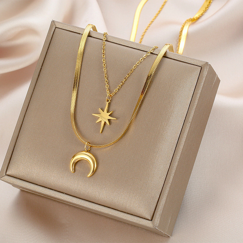 European and American Simple Eight-Pointed Star Moon Pendant Necklace Light Luxury Niche Double Layer Clavicle Chain Internet Celebrity Minimalist Style Accessories