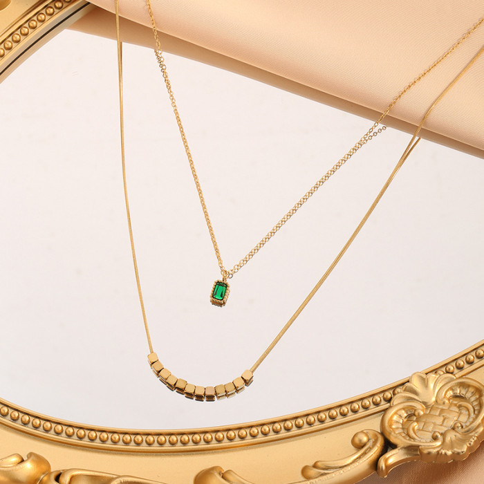 High-End Niche Light Luxury Stainless Steel Double-Layer Gold Fragment Green Zircon Pendant Necklace for Women Collar...