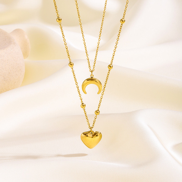Retro Double-Layer Stacked Stainless Steel Moon Heart Necklace for Women, Light Luxury Versatile Trendy Jewelry Whole...