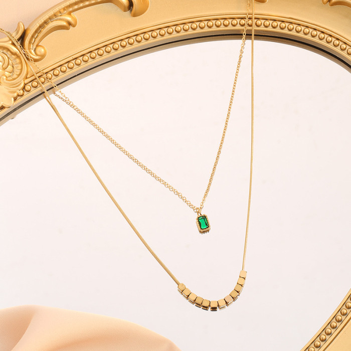 High-End Niche Light Luxury Stainless Steel Double-Layer Gold Fragment Green Zircon Pendant Necklace for Women Collar...