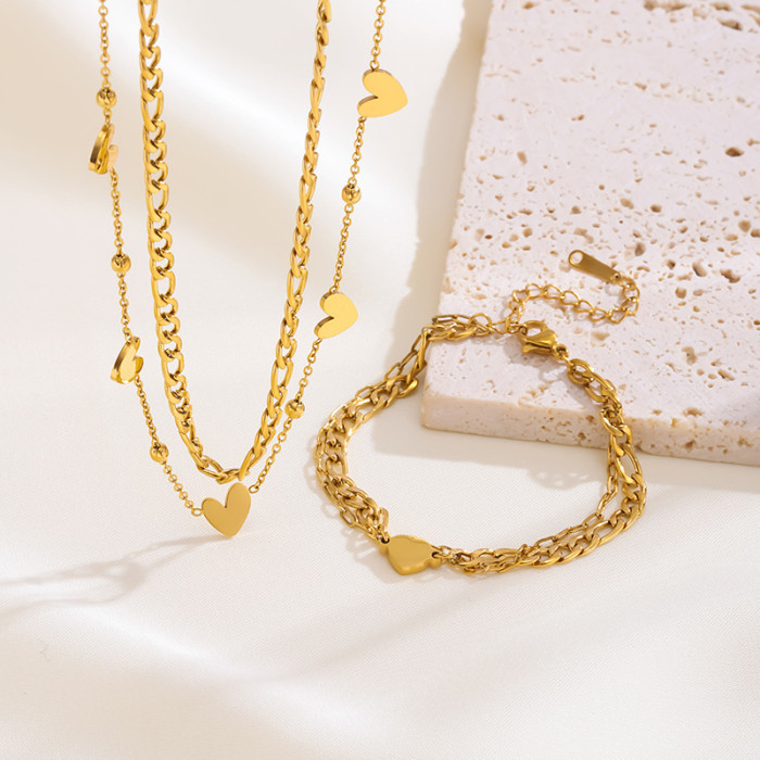 Fashion Versatile Double Layer Stacked Heart Chain Stainless Steel Metal Gold Plated Necklace Bracelet Set for Women,...