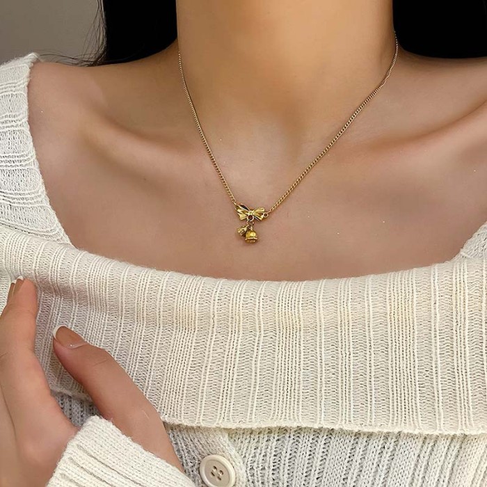 Princess on the Run Bowknot Lily of the Valley Titanium Steel Necklace for Women, Light Luxury Hot-Selling Collarbone...