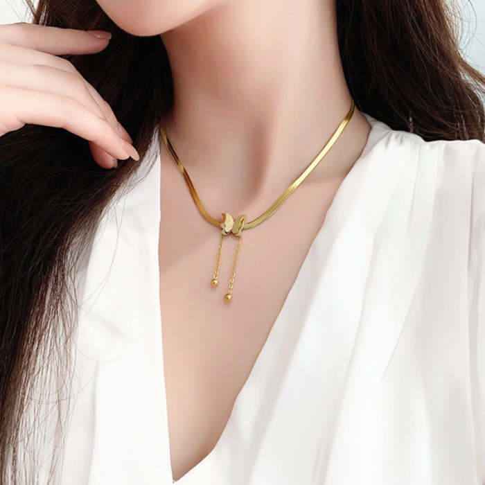 European and American Niche Light Luxury Stainless Steel Gold-Plated Matte Butterfly Pendant Fashion Snake Bone Chain Titanium Steel Tassel Necklace for Women