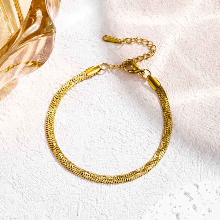 European and American Fashion Niche Simple Elegant Hot-Selling Necklace Stainless Steel 18K Gold Plated Wave Embossed Fishbone Chain Bracelet