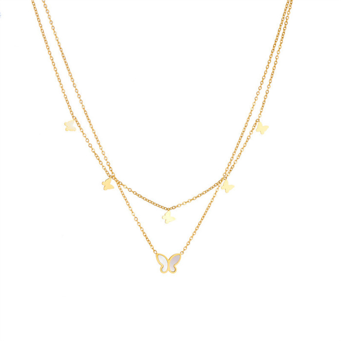 Fashion Minimalist Niche Design Double Layer Stacked Smooth Shell Butterfly Pendant Chain Stainless Steel Necklace fo...