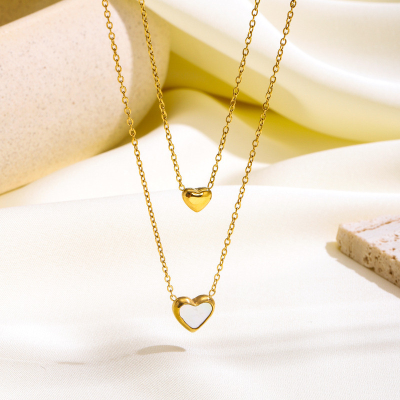 Stainless Steel Versatile Heart Necklace for Women Double Heart Pendant White Shell Collarbone Chain Electroplated 18k Gold Non-Fading Wholesale