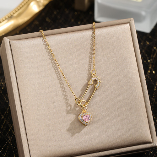 Copper Plated Gold Pendant Personalized Pin Fully Jeweled Loving Heart Light Luxury Titanium Steel Necklace Women's Fashion Non-Fading High-End Sense
