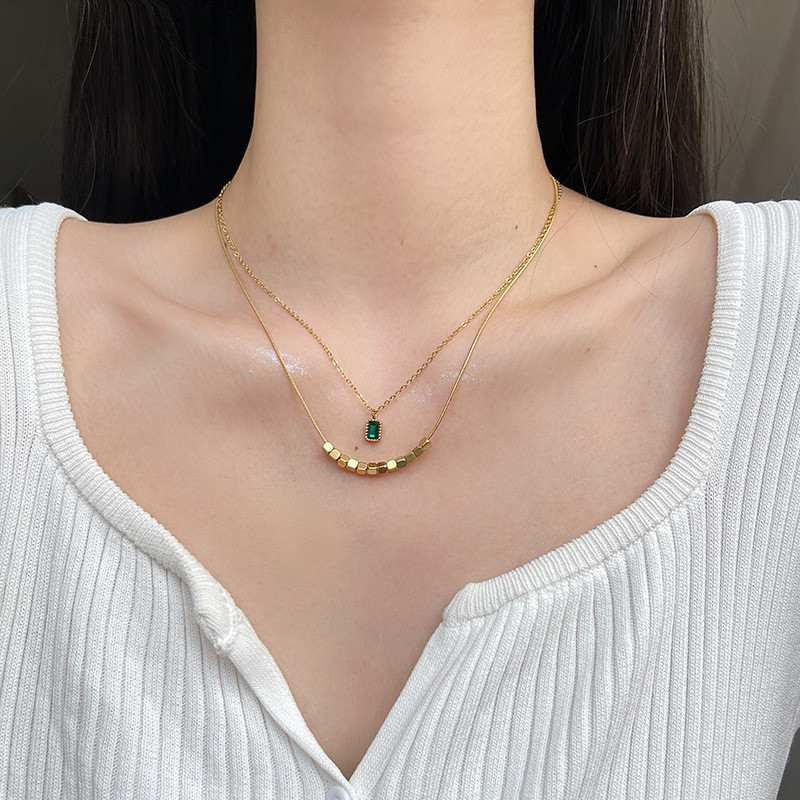 Cross-Border High-End Niche Light Luxury Stainless Steel Double-Layer Gold Fragment Green Zircon Pendant Necklace for Women Collarbone Chain Choker