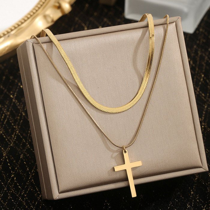 Cross-border European and American New Style Smooth Cross Multi-layer Titanium Steel Necklace for Women Versatile High-end Pendant Sweater Accessory for Women