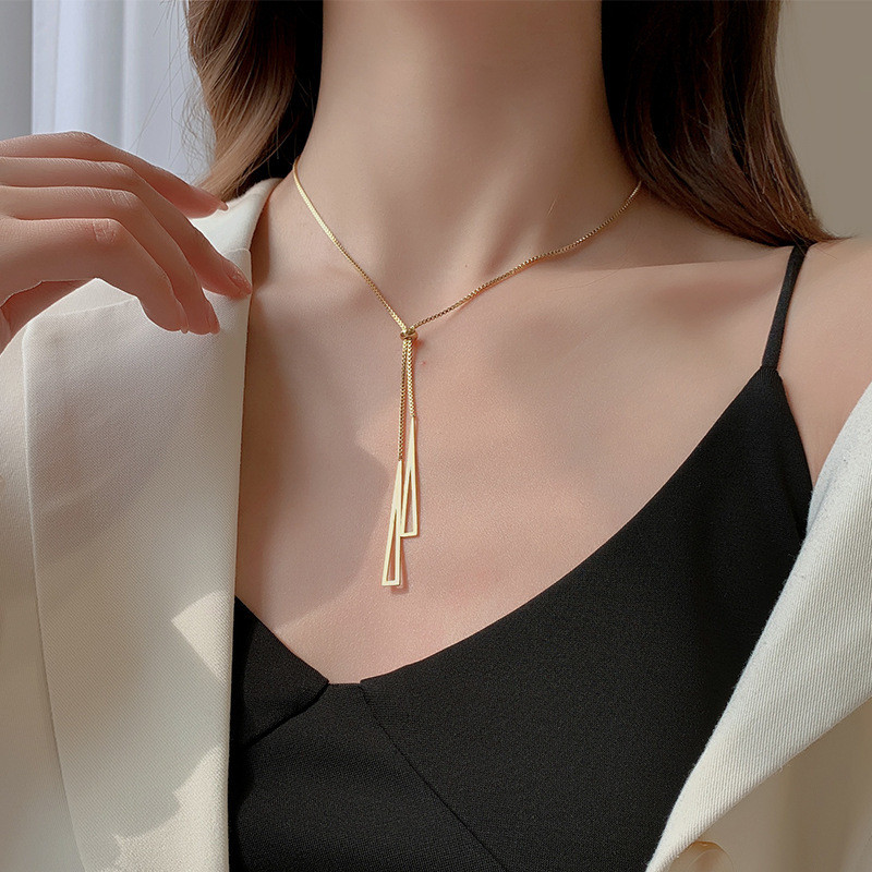 Korean Style Hot-Selling Triangle Tassel Pull-Out Stainless Steel Necklace for Women, Light Luxury Versatile Trendy Necklace, Adjustable Accessory