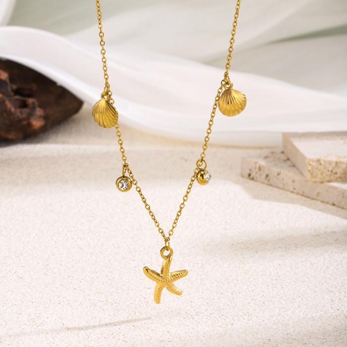 European and American Style Real Gold Plated Ocean Wind Shell Starfish Zircon Titanium Steel Necklace for Women Exquisite Light Luxury Collarbone Chain Non-Fading