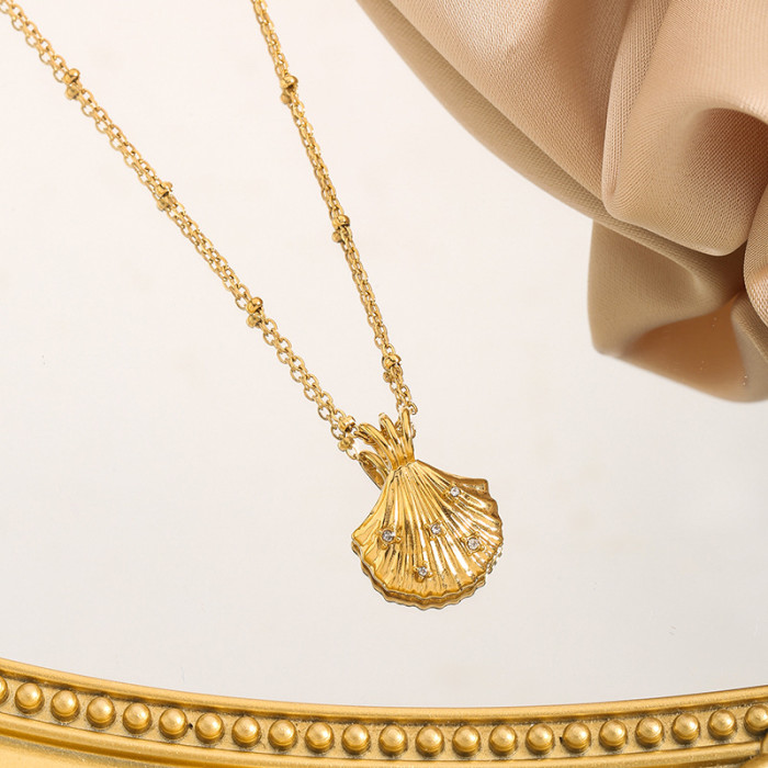 Hot Sale Stone-Studded Shell Stainless Steel Necklace High-End 18K Gold Titanium Steel Personality Ocean Series Col...