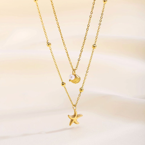 Double Layer Stacked Starfish Shell Pearl Necklace Sweet Fresh Holiday Vacation Collarbone Chain Stainless Steel Chain for Women